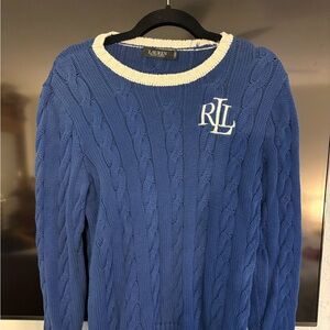 Ralph Lauren Lauren Royal Blue Cable-Knit Crewneck Sweater with Cream Trim